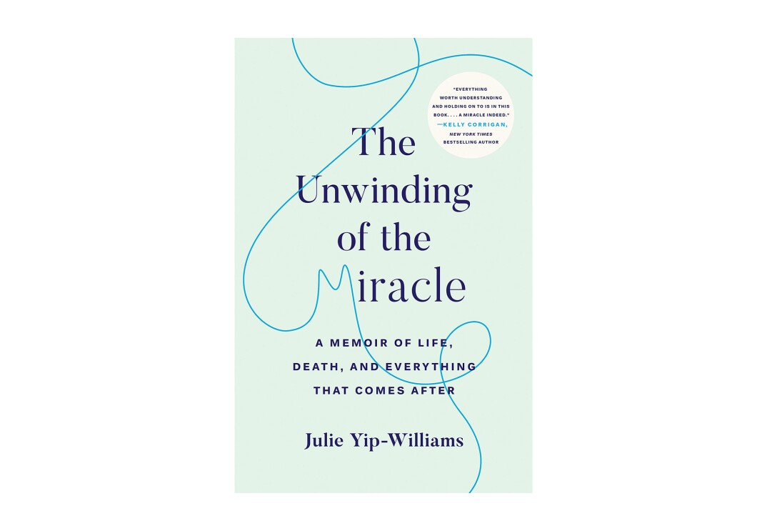 Book cover for "The Unwinding of the Miracle" it shows the text in a serif font in dark blue, on a seafoam background. A thread meanders across the page, creating two loops, and the letter "M" in miracle.