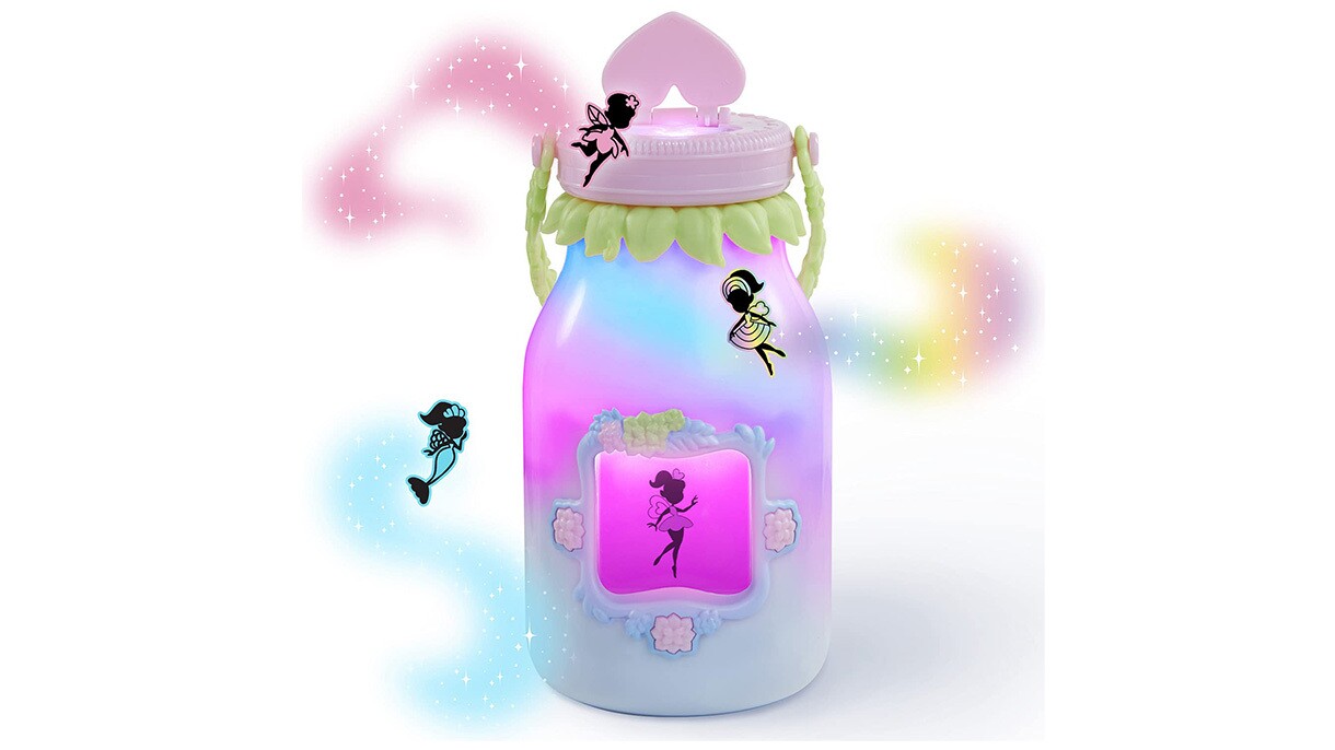 An image of a jar with cartoon fairies and colorful mists around it. It has a pink cap and a light blue jar.