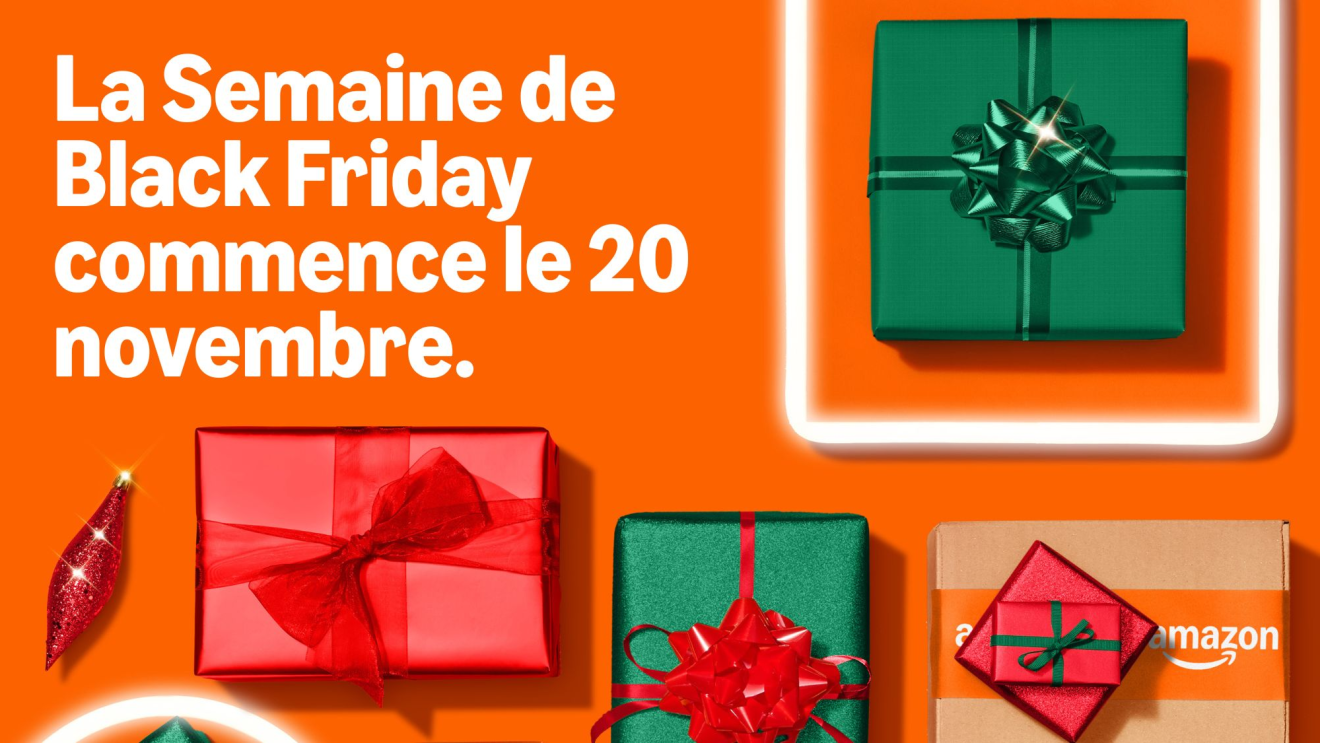 Promotion de la semaine du Black Friday avec des boîtes cadeaux colorées sur fond orange