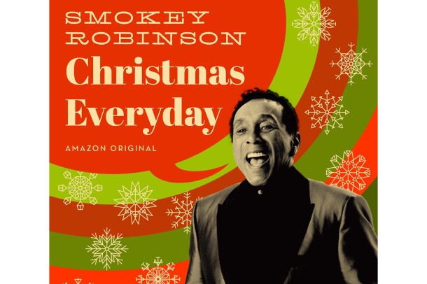 Smokey Robinson album cover, with Smokey, in black and white, appearing to be singing. A red speech bubble is coming out of his mouth, and says "Smokey Robinson, Christmas Everyday." Behind him are red and green concentric circles, with snowflakes overlaid on the circles.