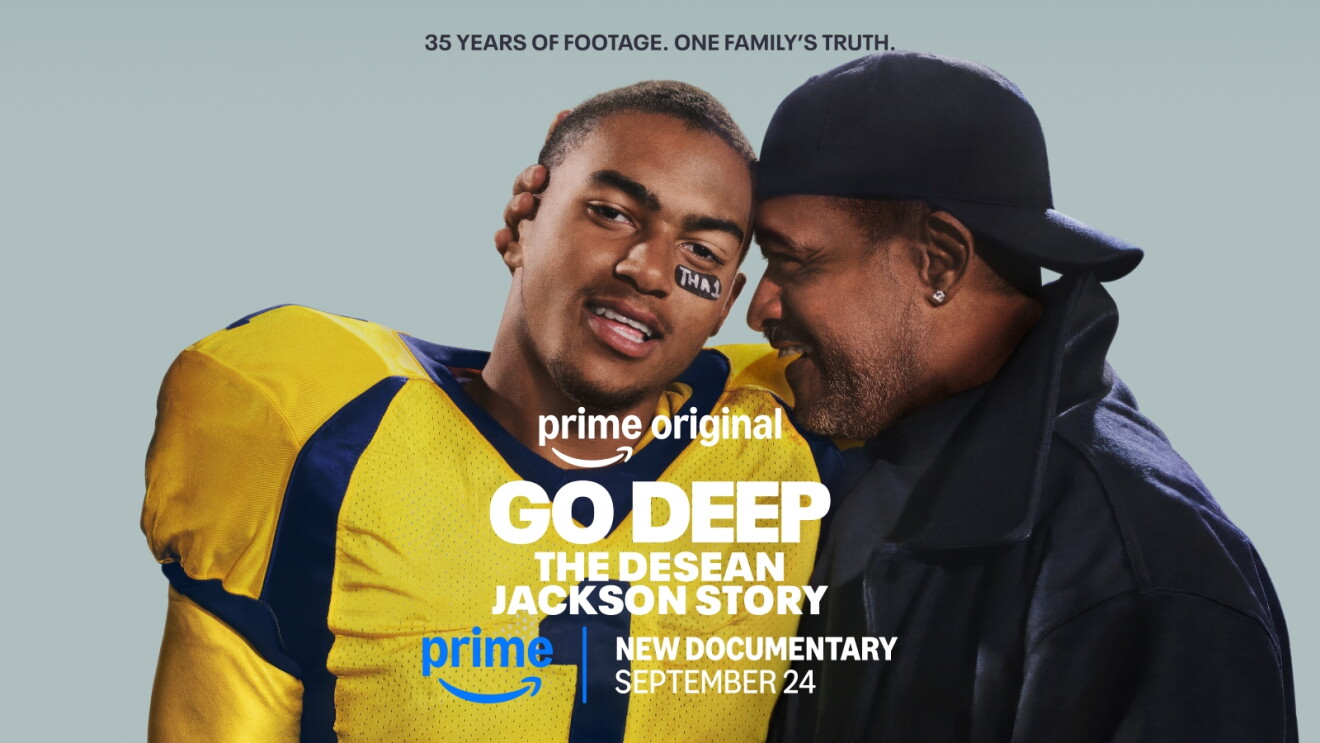 Promotional image for 'Go Deep: The DeSean Jackson Story,' showing a tender moment between a football player and an older man