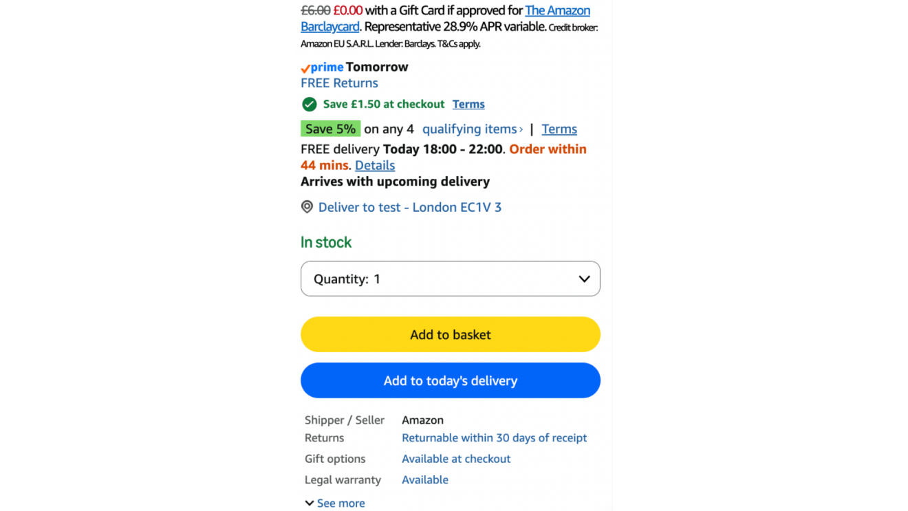 An Amazon product page showing the new 'Add to Delivery' button displayed beneath the 'Add to Basket' button.