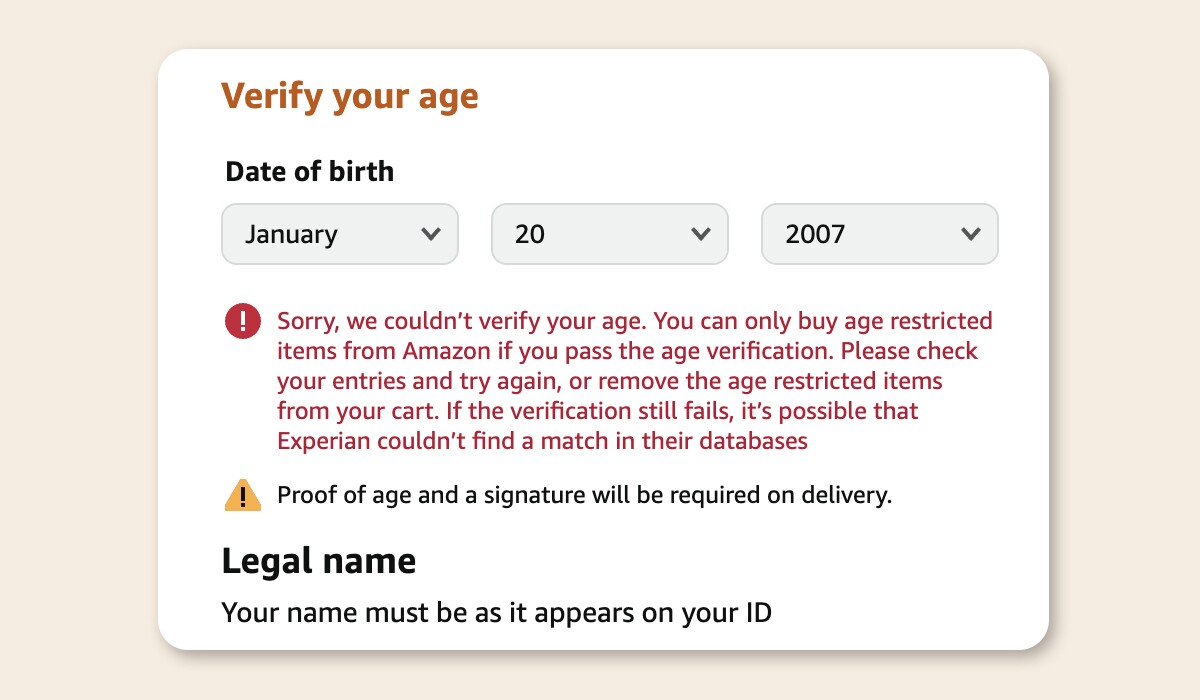 Amazon age verification error message for restricted items