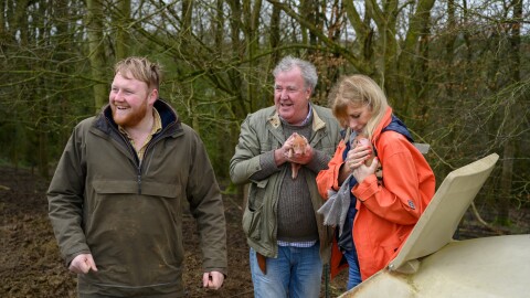 Kaleb Cooper, Jeremy Clarkson and Lisa Hogan on Clarkson's Farm season 4