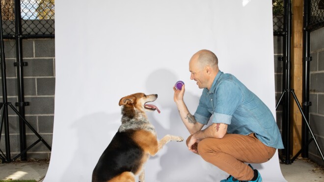 一个穿着牛仔衬衫、卡其裤和网球鞋的男人蹲下来,拿着一个球,在一只狗面前伸出爪子,伸出舌头。他们在白色的背景上。