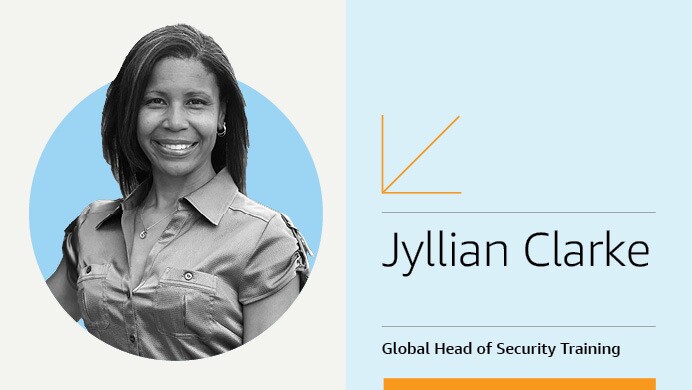 An info card with a headshot image of Jyllian Clarke on the left and her title on the right that reads "Jyllian Clarke Global Head of Security Training at Amazon."