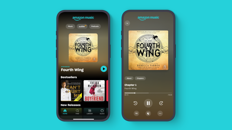 A phone playing the audiobook 'Fourth Wing' through Amazon Music