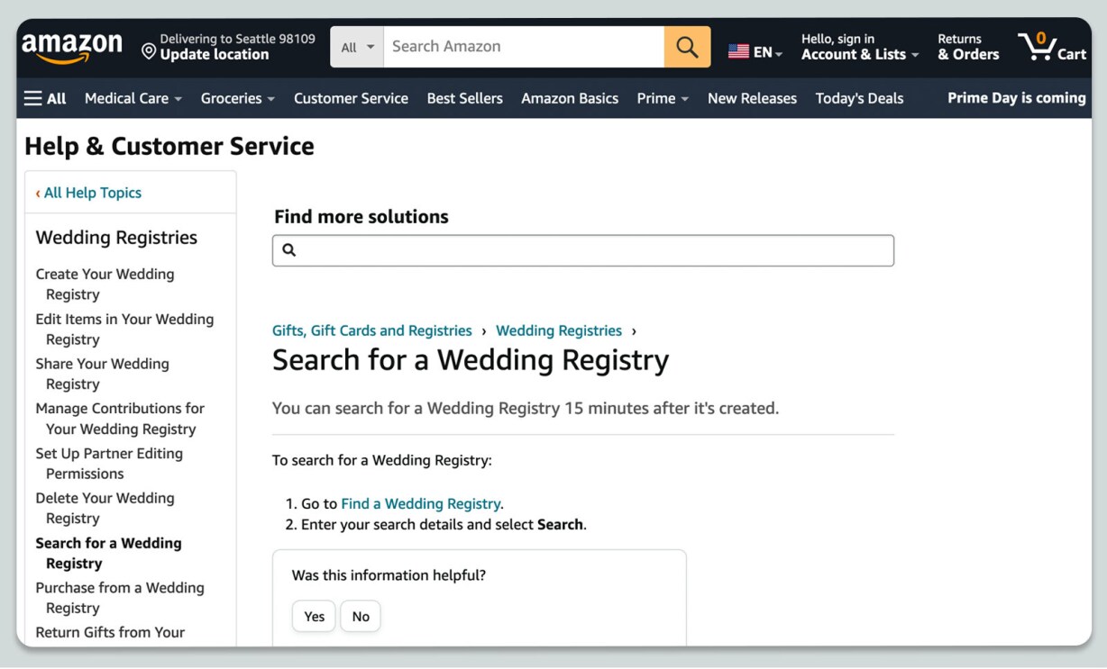 Browser showing how to search for a wedding registry if it is set to public.