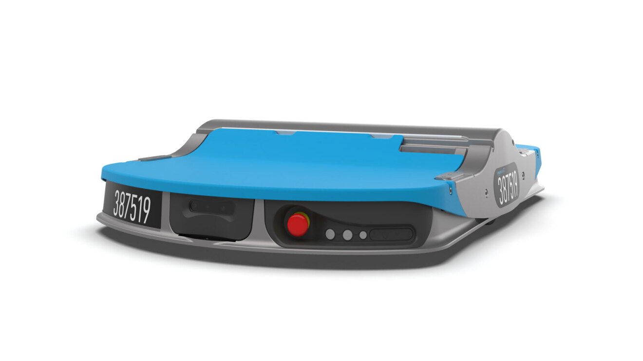 An image of a flat, blue robot with a black plate on the bottom and several cameras and sensors.