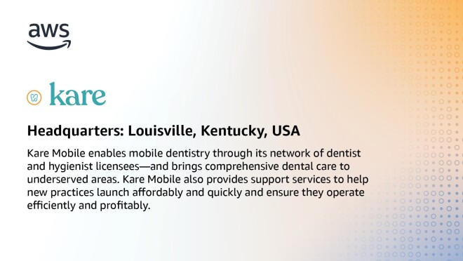 凯尔的信息移动状态,“Kare移动使移动牙科通过其网络的牙医和牙医的销售许可和为缺医少药地区带来了全面的牙科保健。Kare移动还提供支持服务,帮助新的实践推出实惠和迅速,确保他们操作高效和有利润。”