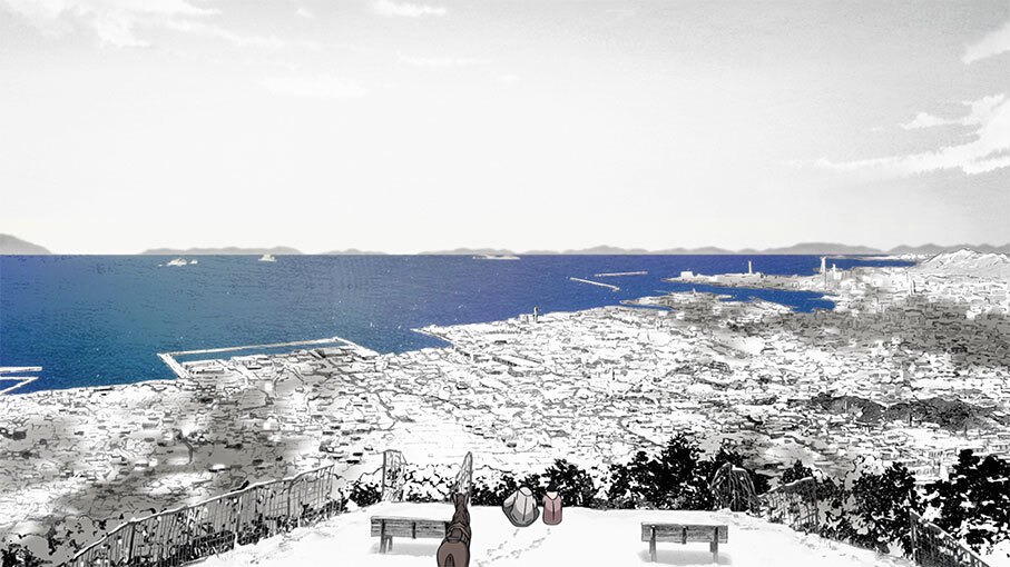 雪が積もった丘の上から、雪景色の港町と青い海を見下ろす2人のキャラクターの後ろ姿。2人の背後にベンチと馬。