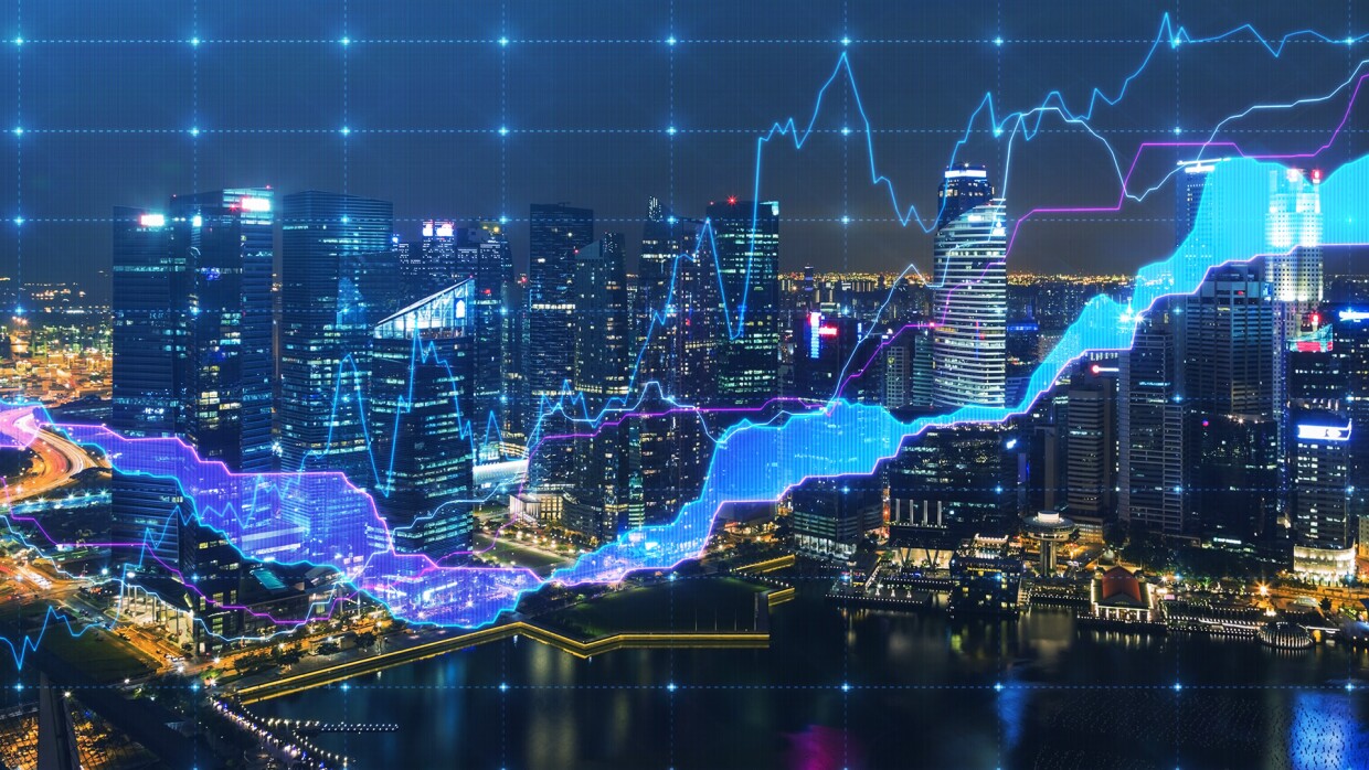 Nighttime view of Singapore, with graphs overlaying the city