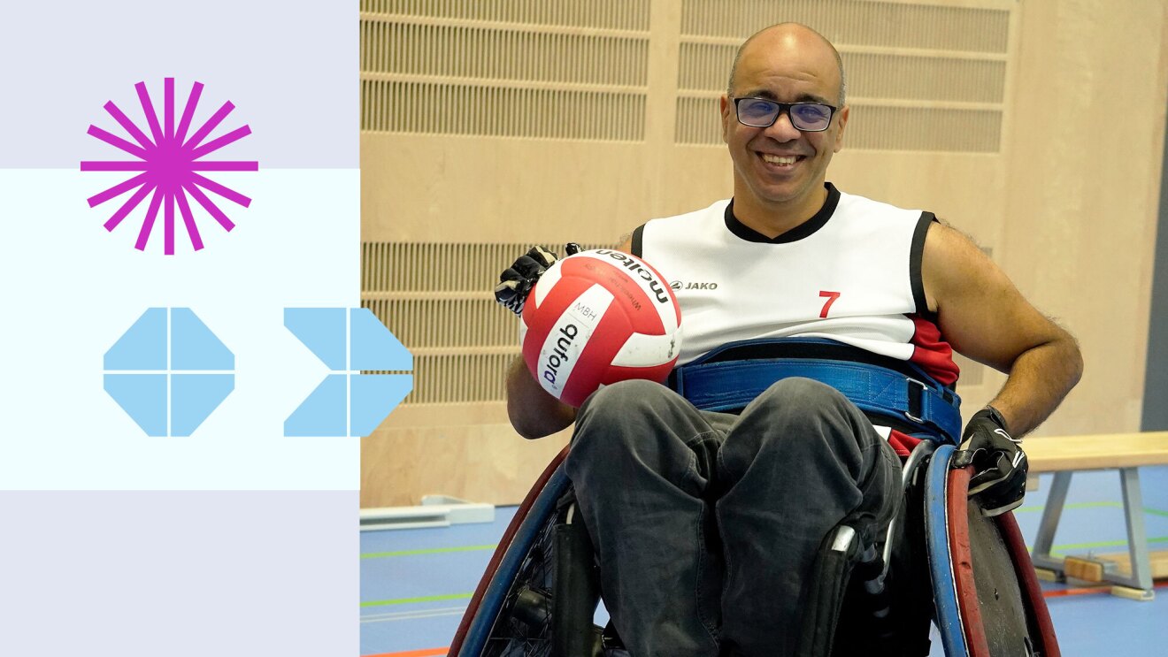 An image of Shadi Abou-Zahra, a principal accessibility standards and policy manager for the Amazon Devices Accessibility team, on a wheelchair and with a ball in his hand. 