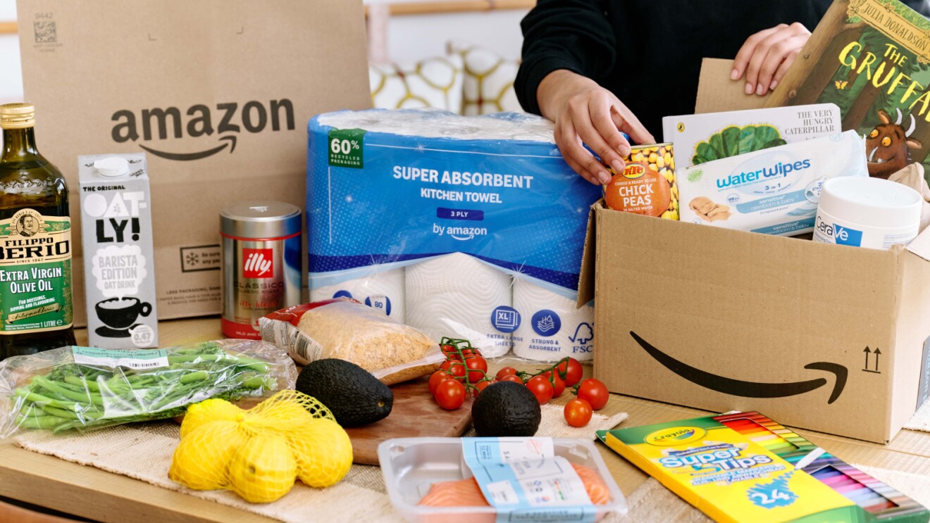 Amazon delivery containing fresh groceries, household essentials, and other items