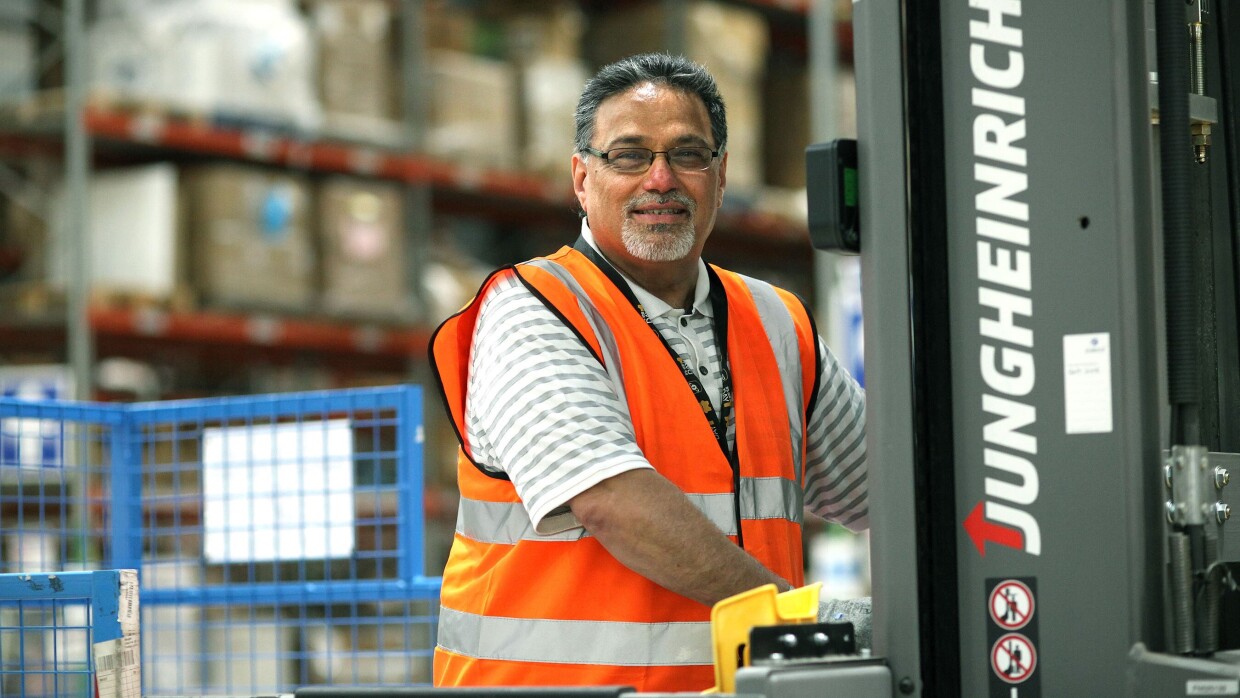 Satbinder Gill, fulfilment centre employee at Amazon in Coalville, pictured at work