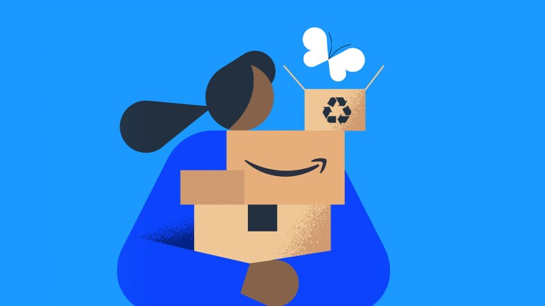 Abstract illustration of person with recycled Amazon deliveries and blue background