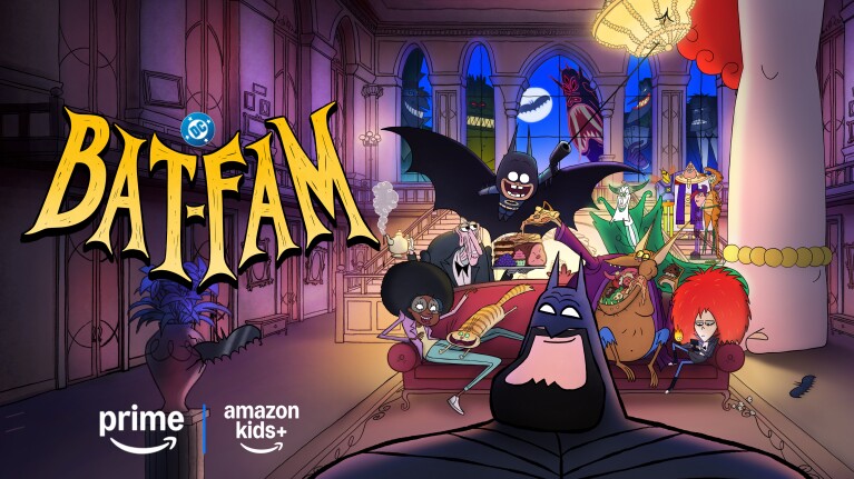 Colorful cartoon poster for 'Batfam' animated series on Prime and Amazon Kids+