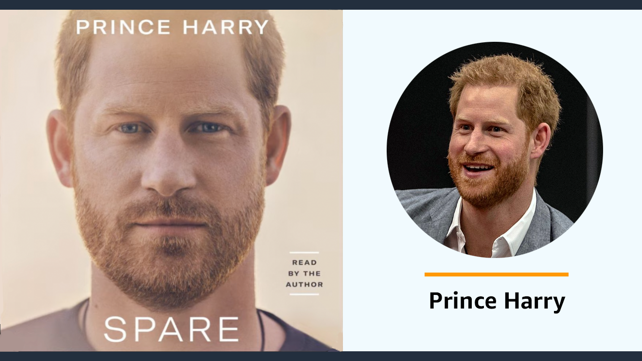 Prince Harry alongside the audiobook cover of his memoir 'Spare'