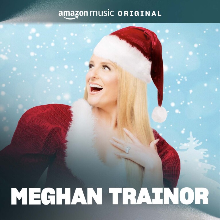 The album cover for Meghan Trainor's holiday song. The cover features a portrait of Meghan smiling while looking to her right. She is wearing a Santa costume with a blue background and snow falling behind her.