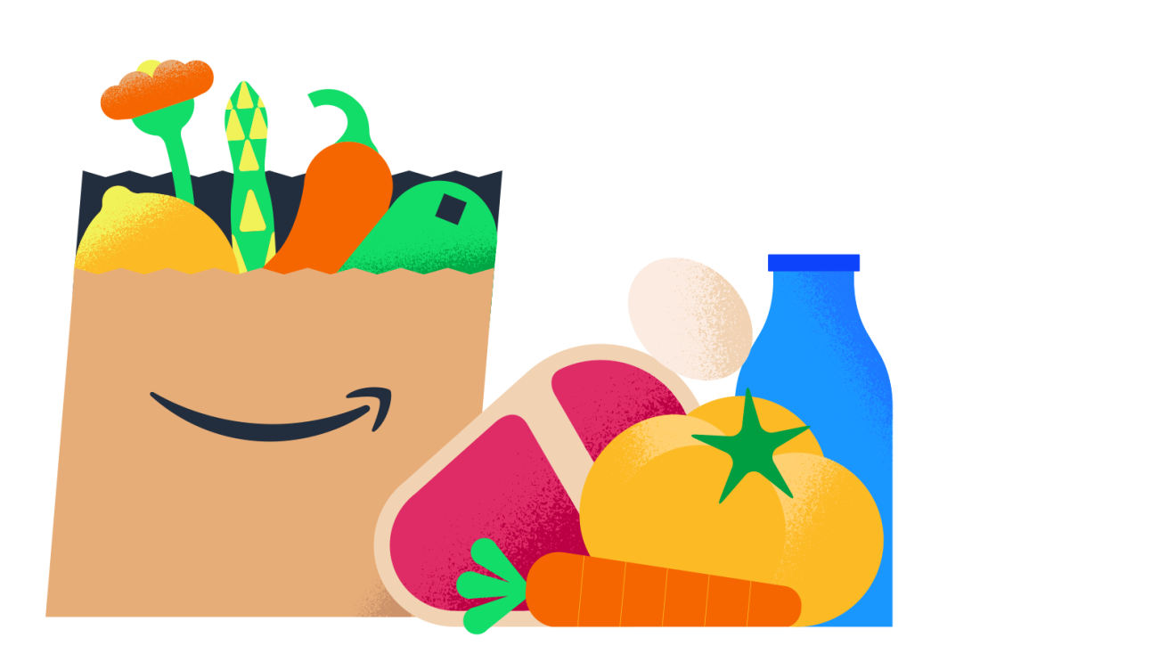 说明图像的各种食品和食品杂货袋与亚马逊的标志。