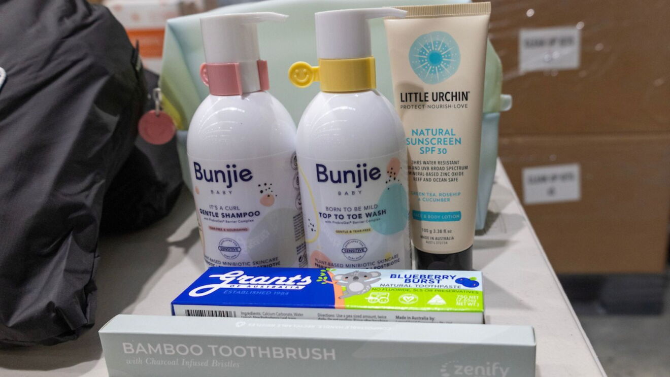 Products from small Australian business including sunscreen and toothbrushes stored in an Amazon Disaster Relief Hub.