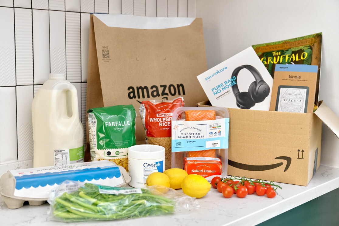 Amazon groceries and electronic products on a counter top