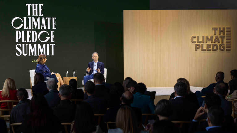 Andy Jassy speaking at the Climate Pledge Summit in NYC