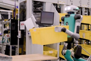 A robot operating in an Amazon fulfillment center