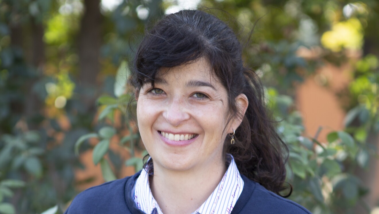 Clarisa es la protagonista de la foto. Mira a cámara y sonríe con los brazos detrás, en la espalda. Lleva el pelo largo y recogido en una coleta . Va con unos jeans, una camisa con rayas azules, moradas y blancas y un jersey de color azul con las letras Pedro del Hierro. La foto es exterior y de fondo se ven difuminados unos arbustos. 