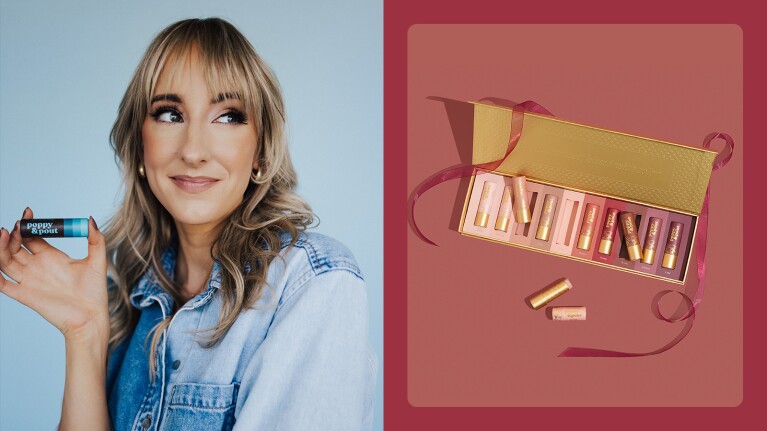 small businesses featured in Oprah’s Favorite Things 2024 holiday gift list: Blonde model showcasing beauty product with makeup kit on display