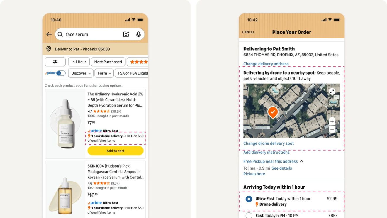 In-app experience of selecting a Prime Air drone delivery