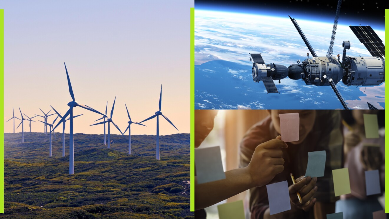 A split image showing three different scenes: a satellite in space, a wind power field, and people putting sticky notes on a wall.