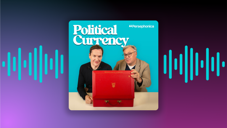 George Osborne and Ed Balls examining a red briefcase on 'Political Currency' podcast artwork