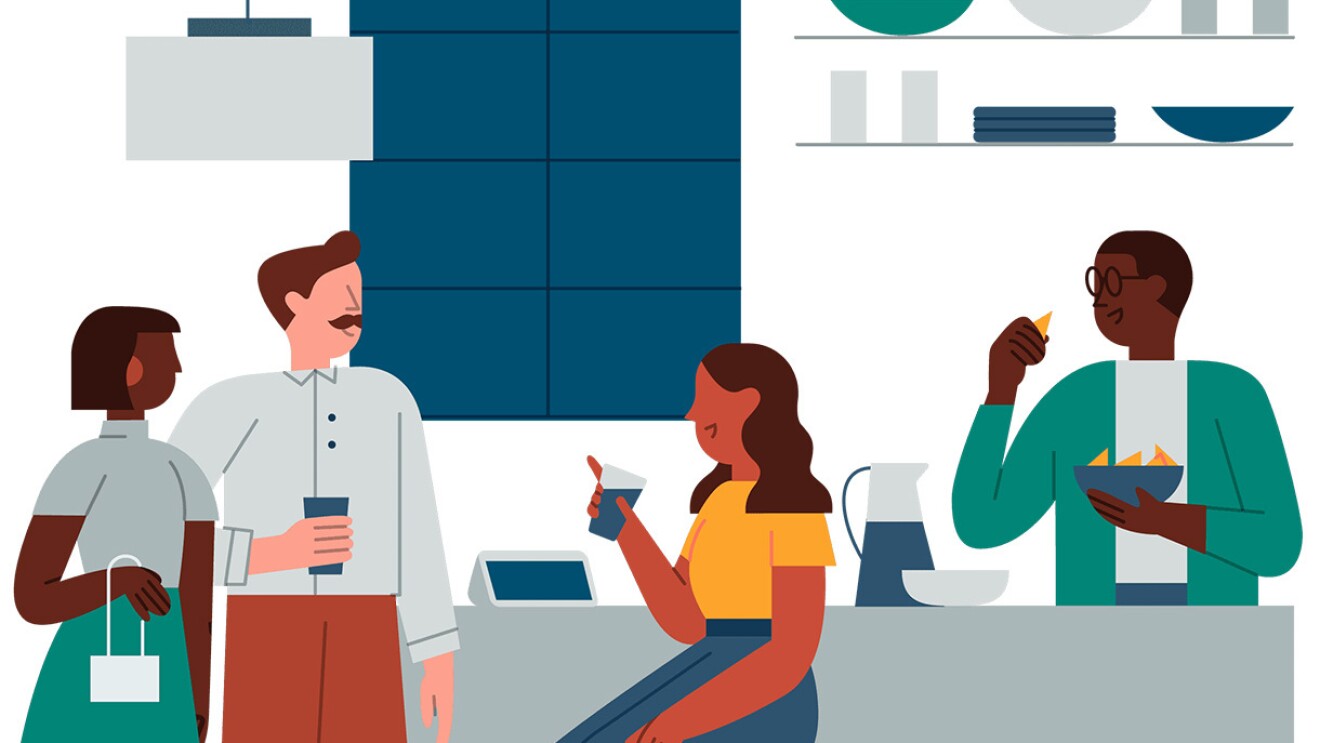 四个人在厨房里谈话的插图。右边的人正在吃碗里的薯片。中间的两个人拿着杯子。左边的人拿着一个白色的钱包。柜台上有一个亚马逊Echo Show设备。