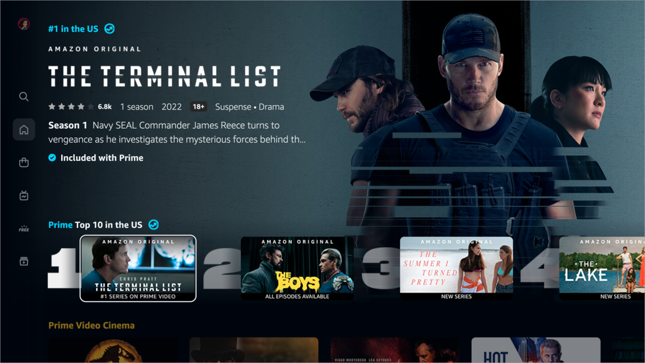 An image of the new "top ten" list on the Prime Video "Home" page