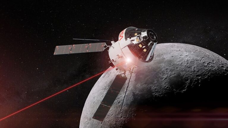 Spacecraft with solar panels firing thrusters near the Moon's surface with red laser beams visible