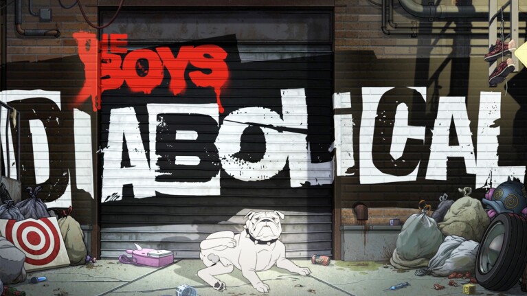 An illustrated image of a garage door with a white dog in the middle. There are trash bags and miscellaneous items in both ends, and the wall reads "The Boys Diabolical" in graffiti style.