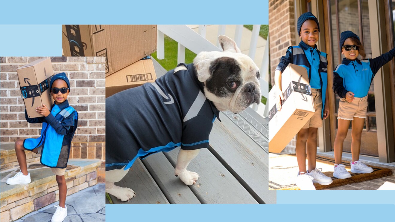 A collage of kids and a dog wearing Amazon delivery uniform costumes and holding Amazon boxes. 