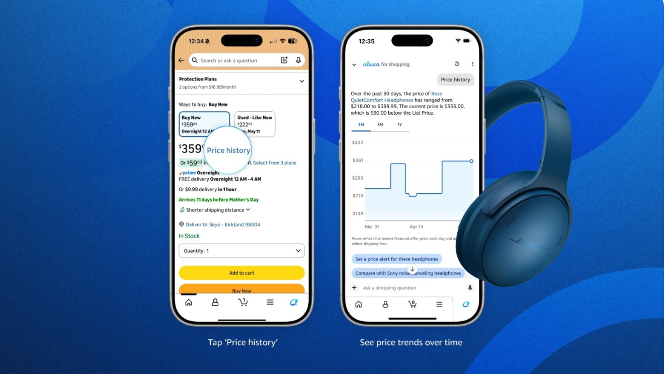 Two smartphones displaying Amazon's Alexa for Shopping with price history feature for Bose headphones, showing price trends over 60 days