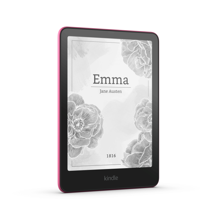 The new Kindle Paperwhite in the colour Raspberry displaying 'Emma' by Jane Austen