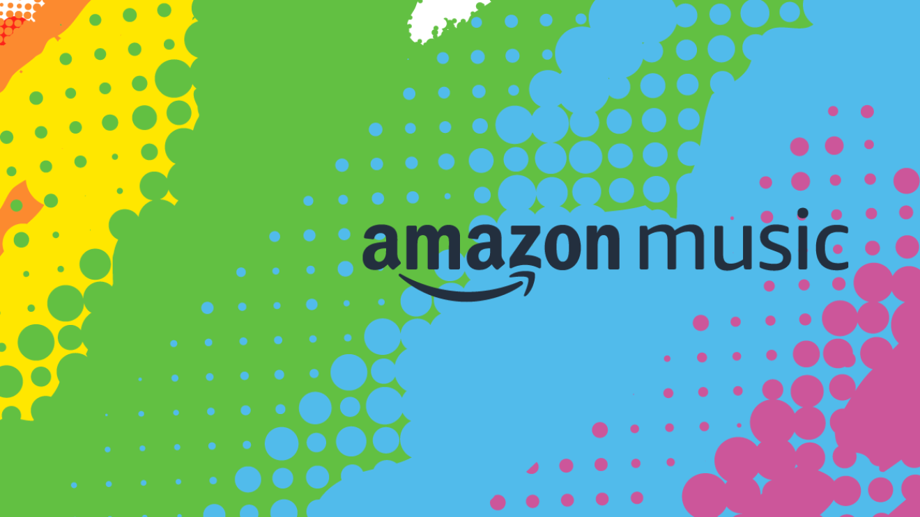 The Amazon Music logo superimposed over a splashy LGBTQ Pride rainbow colored background