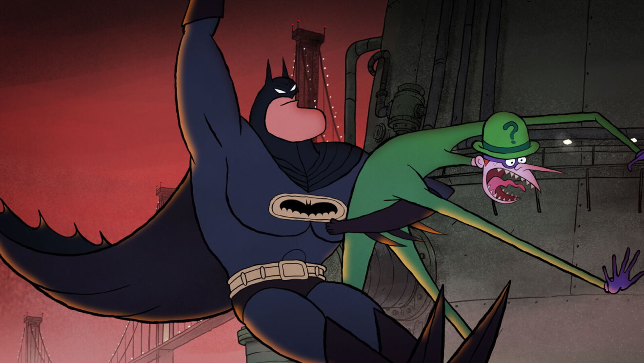 An image of a cartoon Batman flying in to grab the Joker.