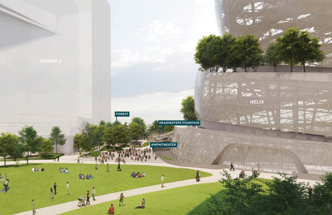 An image rendering of the amphitheater and outdoor space outside of the new Amazon headquarters in Arlington.