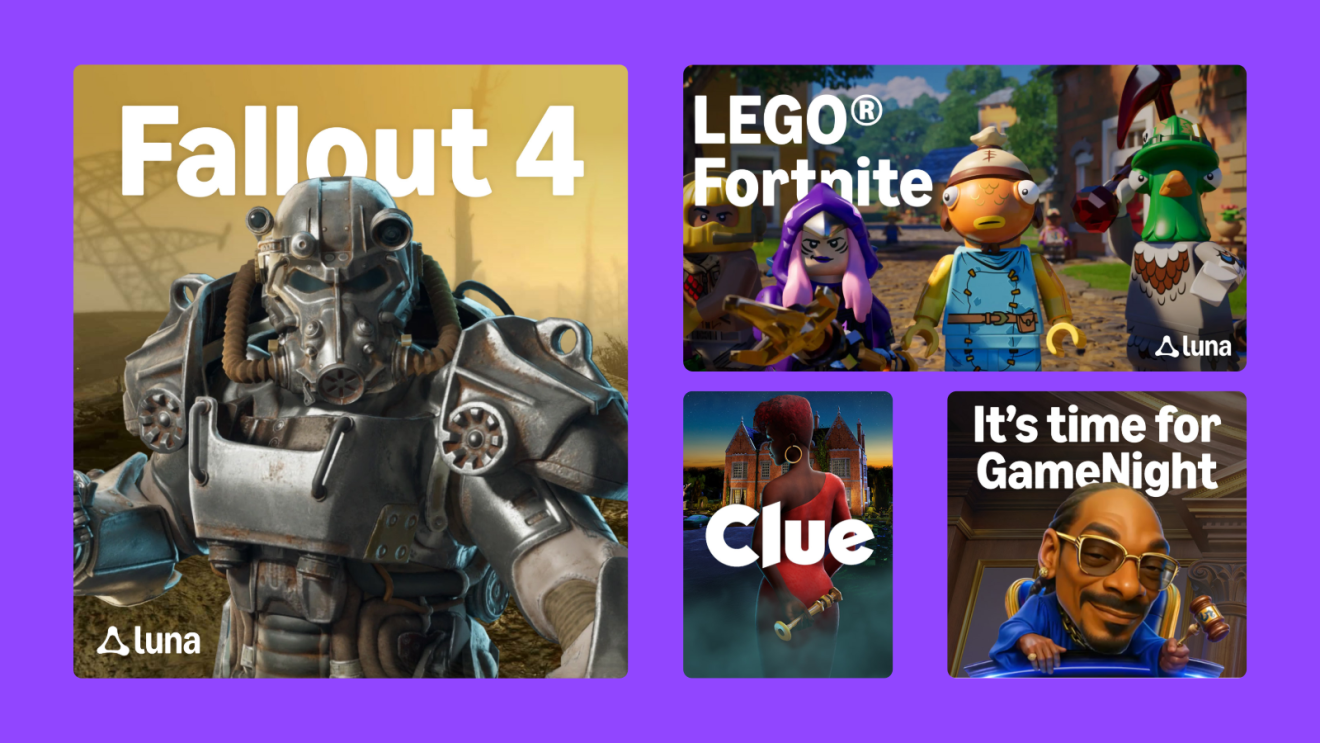 Gaming titles Fallout 4, Clue, Lego Fortnite, Clue, and Courtroom Chaos featured against a purple Amazon Luna background.