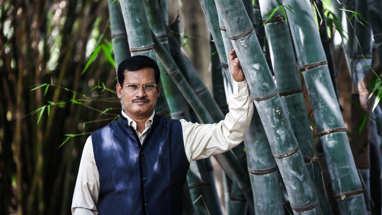Man in blue vest standing next to trees