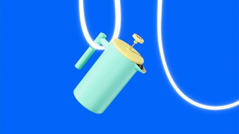 Mint green French press with yellow lid suspended against bright blue background