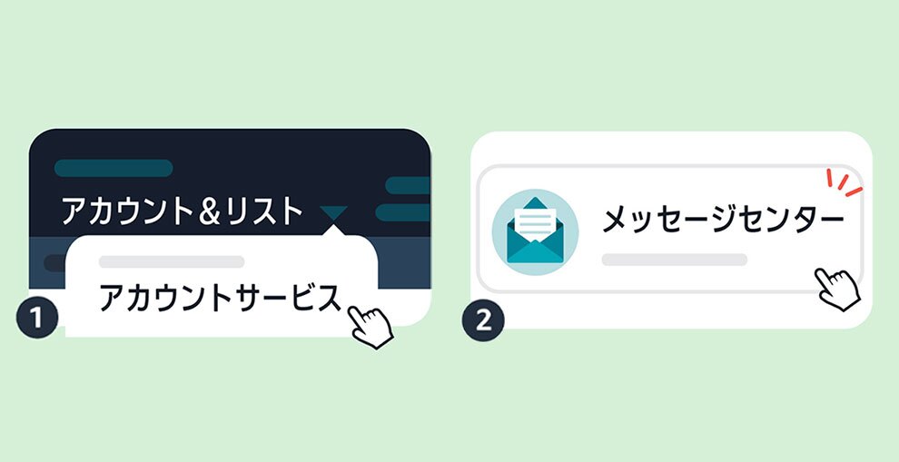 ライトグリーンの背景に、角丸長方形が2つ左右に配置された手順説明図。左側の濃紺の①では白い「アカウントサービス」ボタンに、右側の白い②では「メッセージセンター」ボタンに手のイラストのカーソルを当てている。