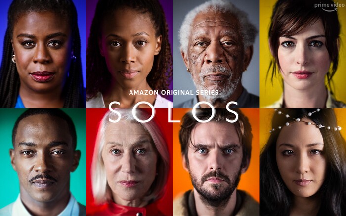 Cover art for the series, SOLOS, featuring headshots of all eight of the actors in the series, each with a different color of backdrop behind them. 