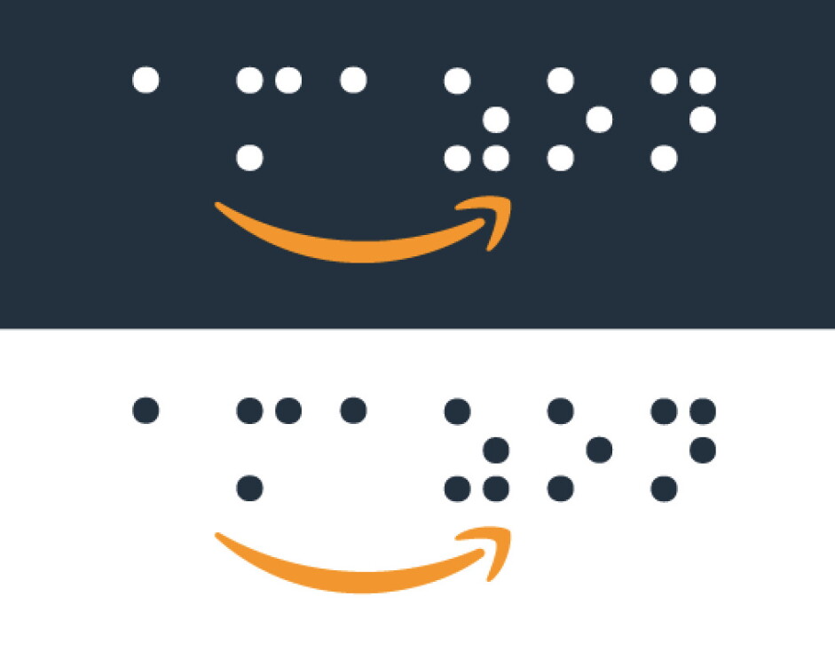 Amazon's logo in braille. The background is both black and white, and the Amazon Smile logo is in orange.