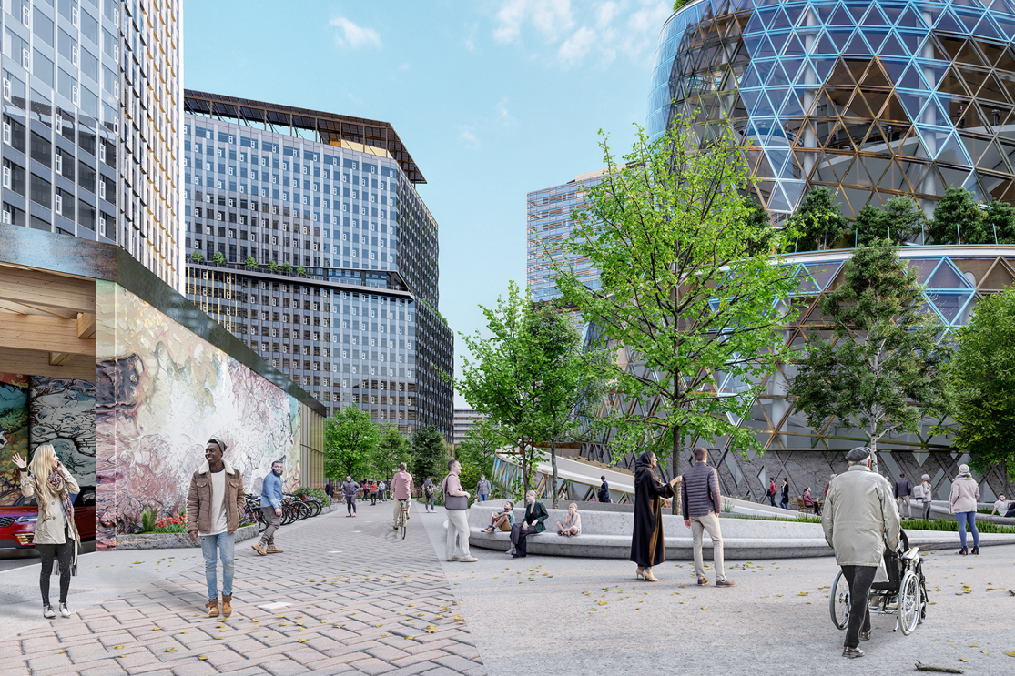 A rendering of the exterior of Amazon's new headquarters in Arlington, Virginia.
